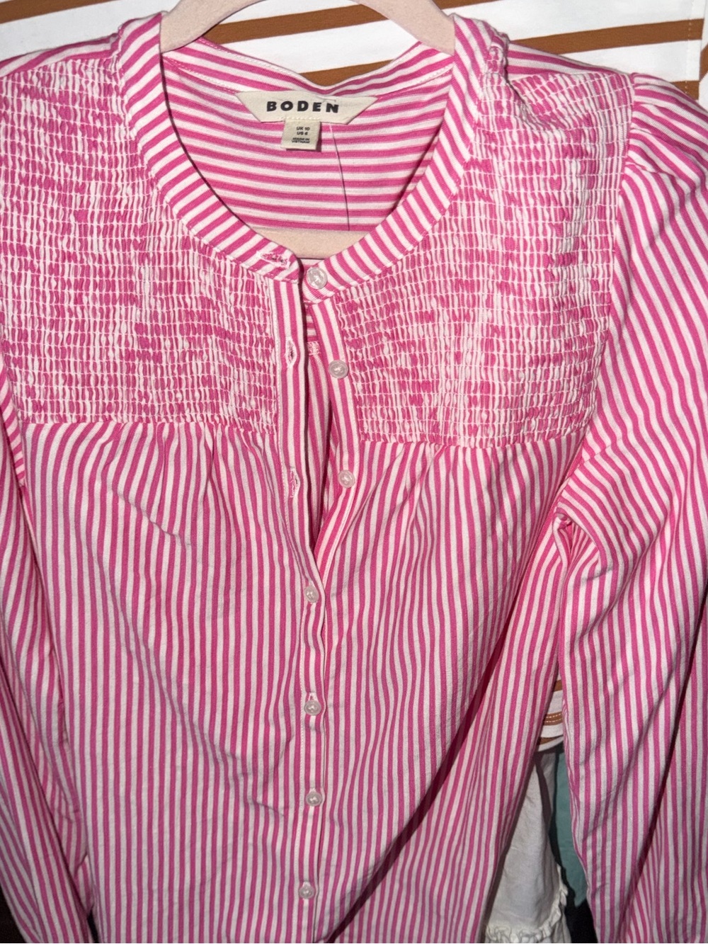 Boden Mya Smocked Jersey Shirt
Clover Purple and Ivory Stripe - Picture 6 of 7
